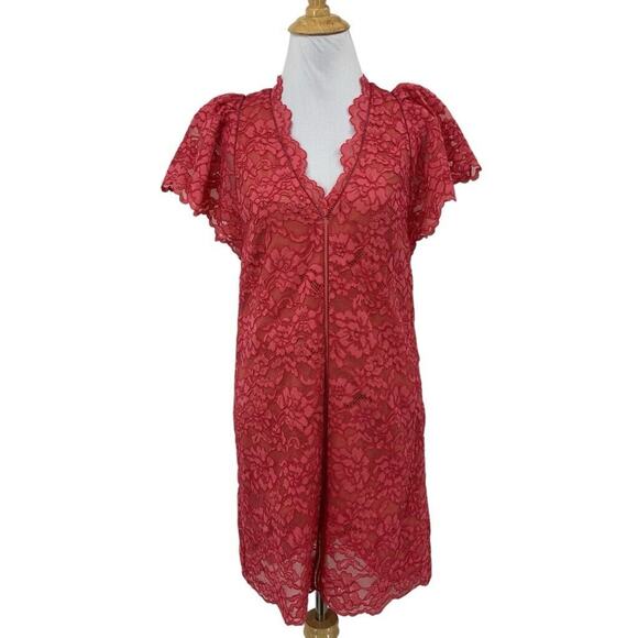 Rebecca Taylor Dress Womens M Medium Watermelon V Neck Lace Puff Sleeve Back Zip - Picture 1 of 14